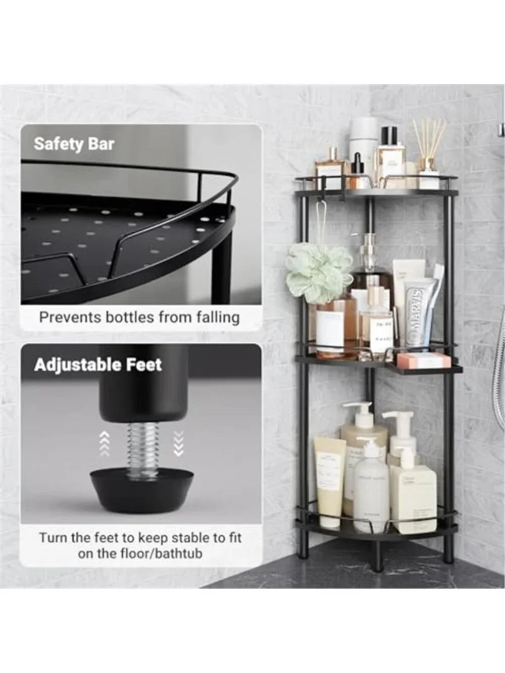 Corner Shower Caddy Standing, 3 Tier Metal Shower Organizer, Black